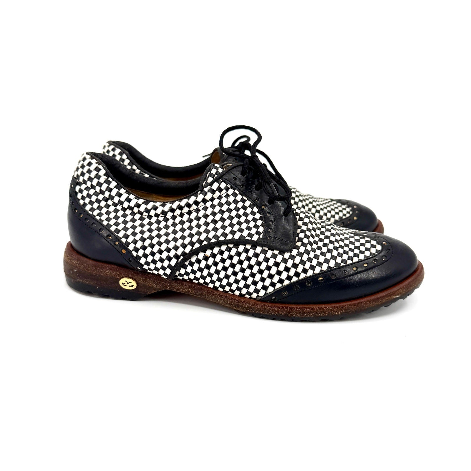 Vintage 90s Walter Genuin Black White Woven Leather Wingtip Golf Shoes