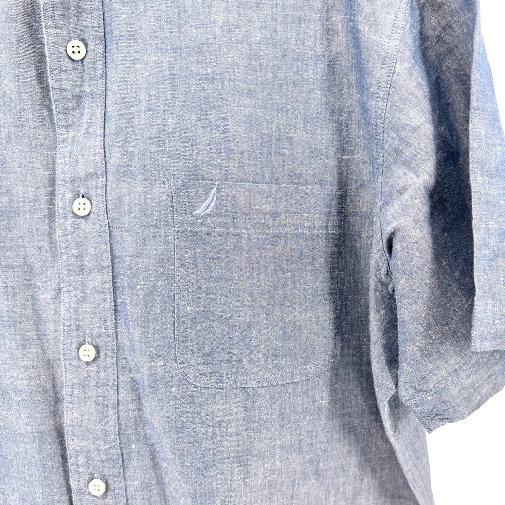 Nautica Blue Ramie Cotton Blend Short Sleeve Button Down Shirt