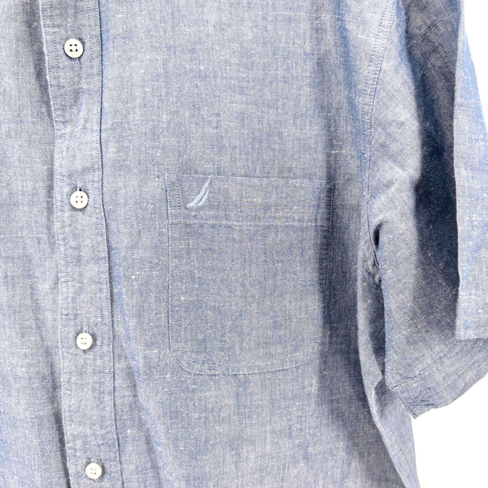 Nautica Blue Ramie Cotton Blend Short Sleeve Button Down Shirt