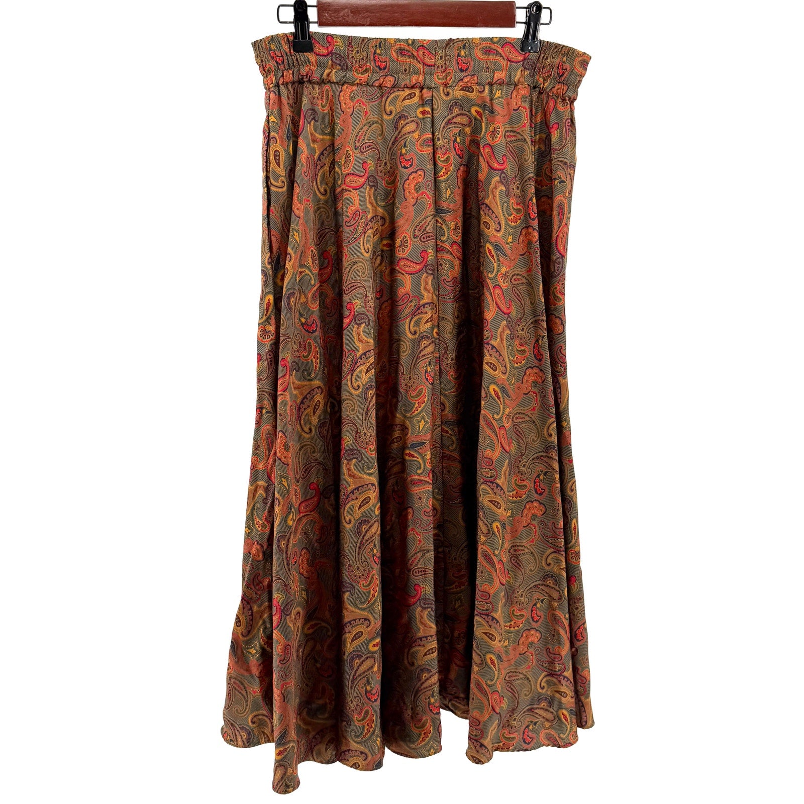 Vintage 80s Jones New York Olive Red Paisley 100% Rayon Circle Skirt