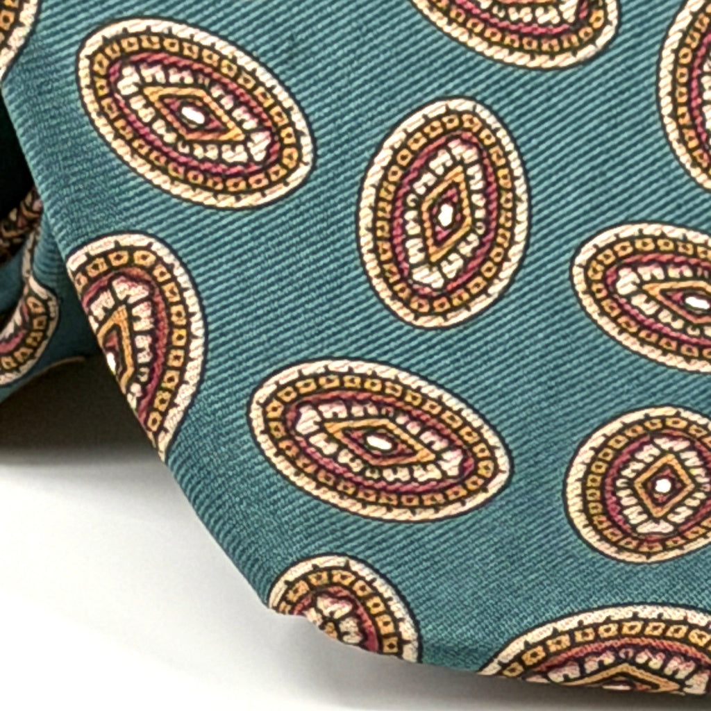 Vintage 90s Halston Blue Green Foulard Geometric Silk Tie