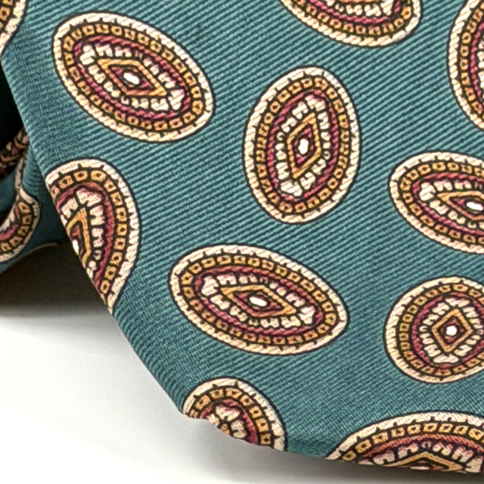 Vintage 90s Halston Blue Green Foulard Geometric Silk Tie