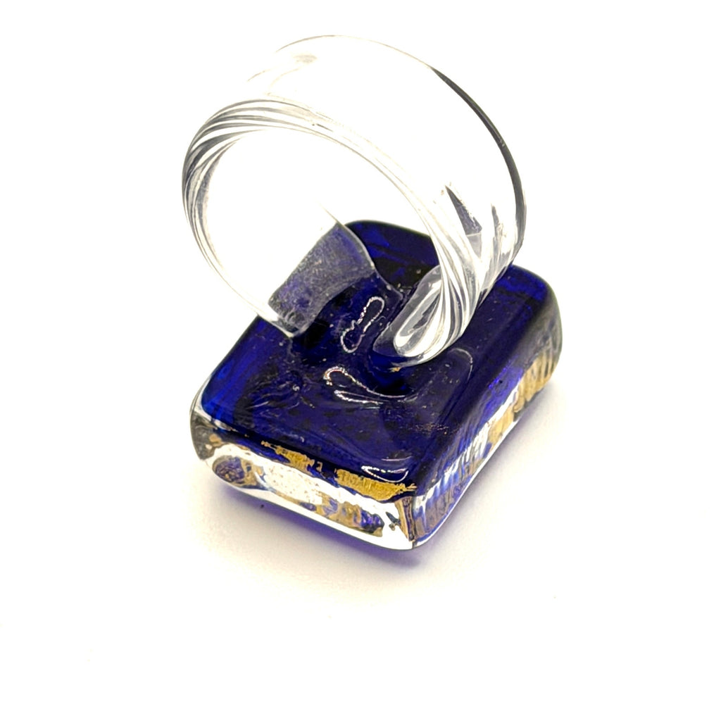Vintage 90s Handblown Cobalt Blue Gold Foil Abstract Glass Modernist Ring