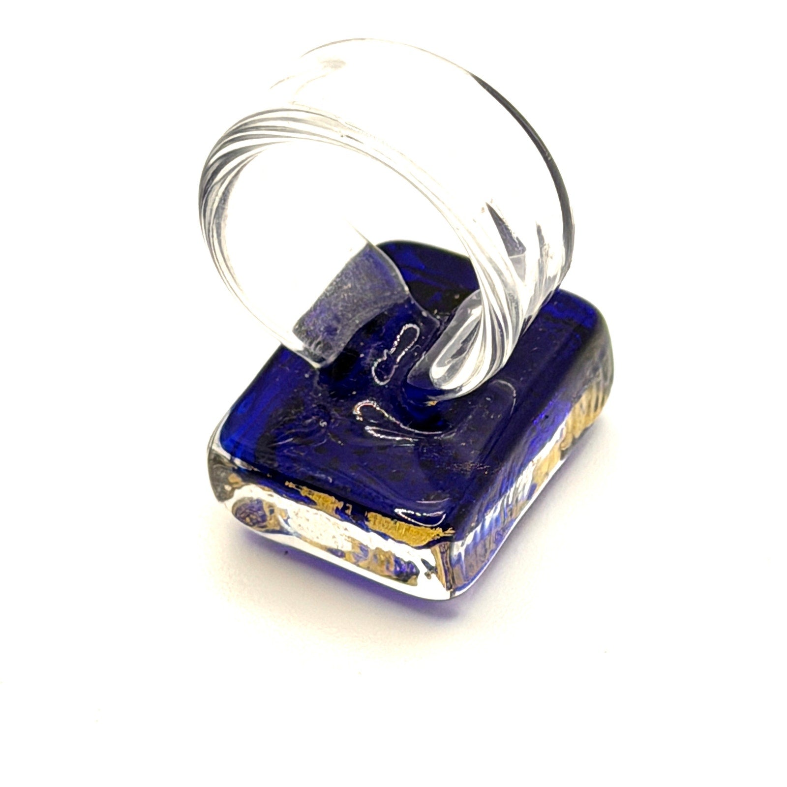 Vintage 90s Handblown Cobalt Blue Gold Foil Abstract Glass Modernist Ring