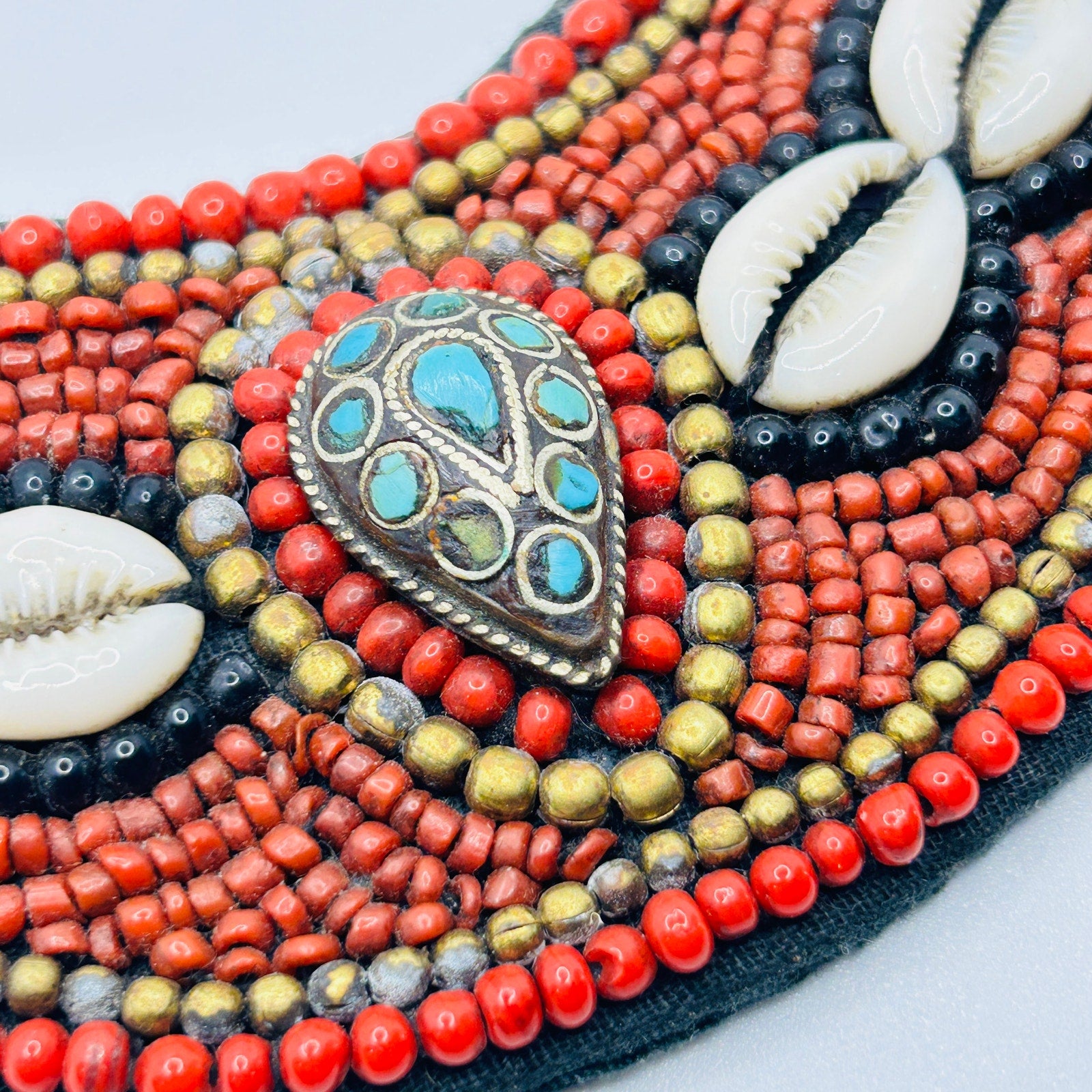 Vintage Tribal Ethnic African Moroccan Faux Coral Bead Bib Necklace