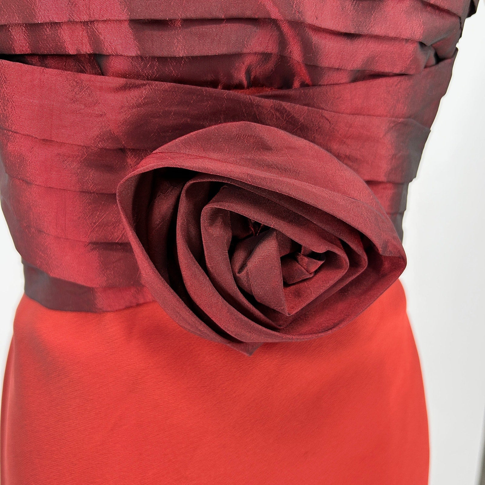 Vintage 50s Galatea Red Silk Iridescent Corset Rosette Midi Dress