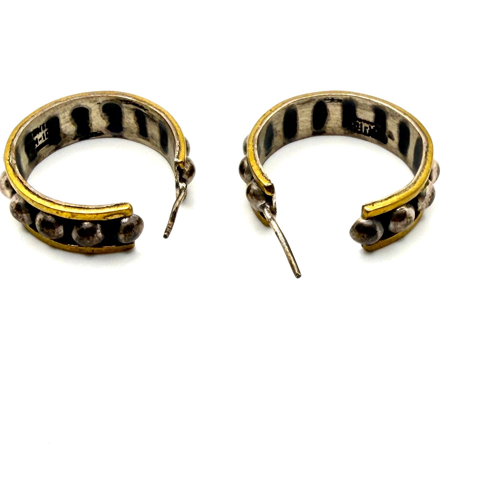 Vintage 90s Taxco Stamped Sterling Silver Brass Mixed Metal Hoop Earrings