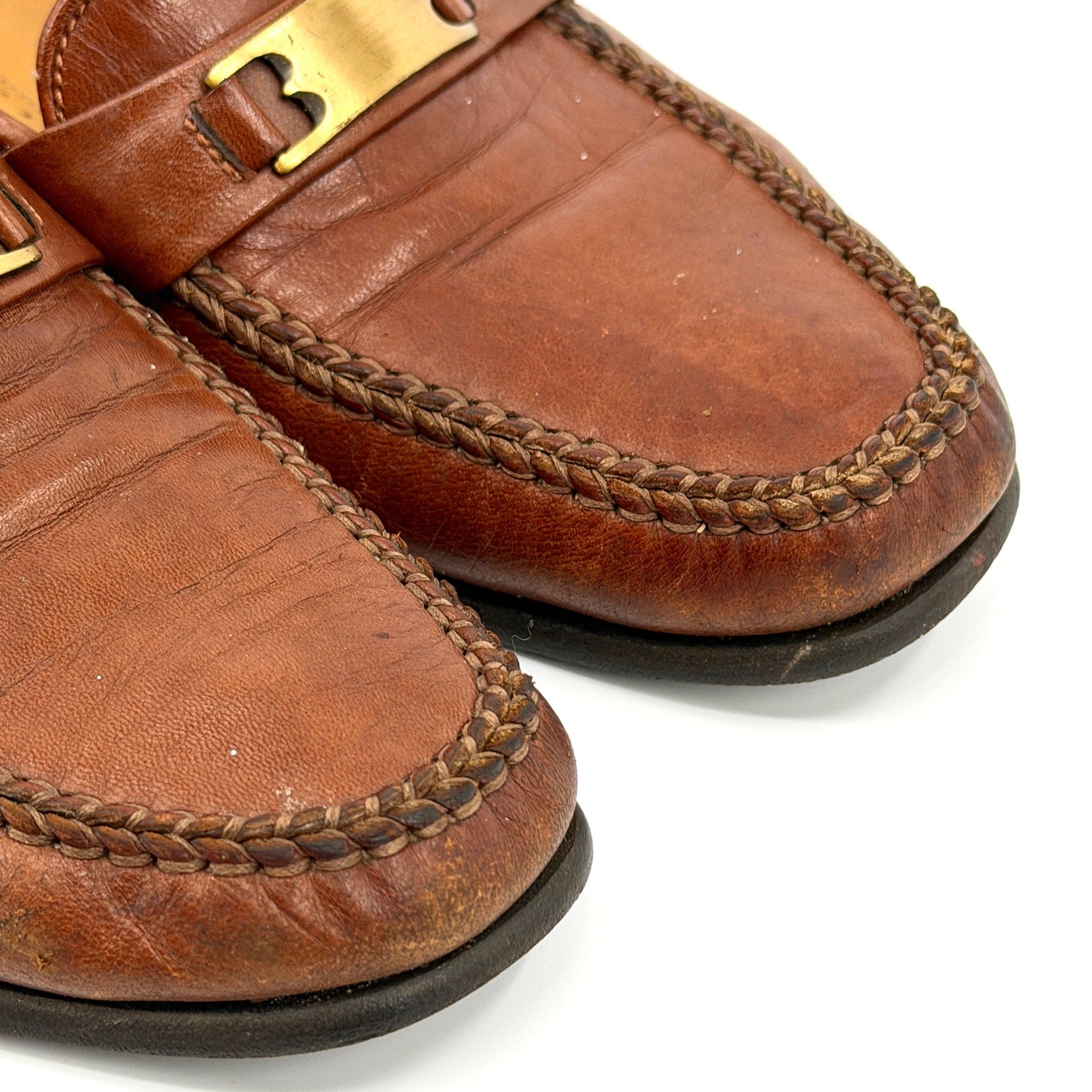 Vintage 80s Bally Italian Brown Leather Ruvera Gold Bit Loafers