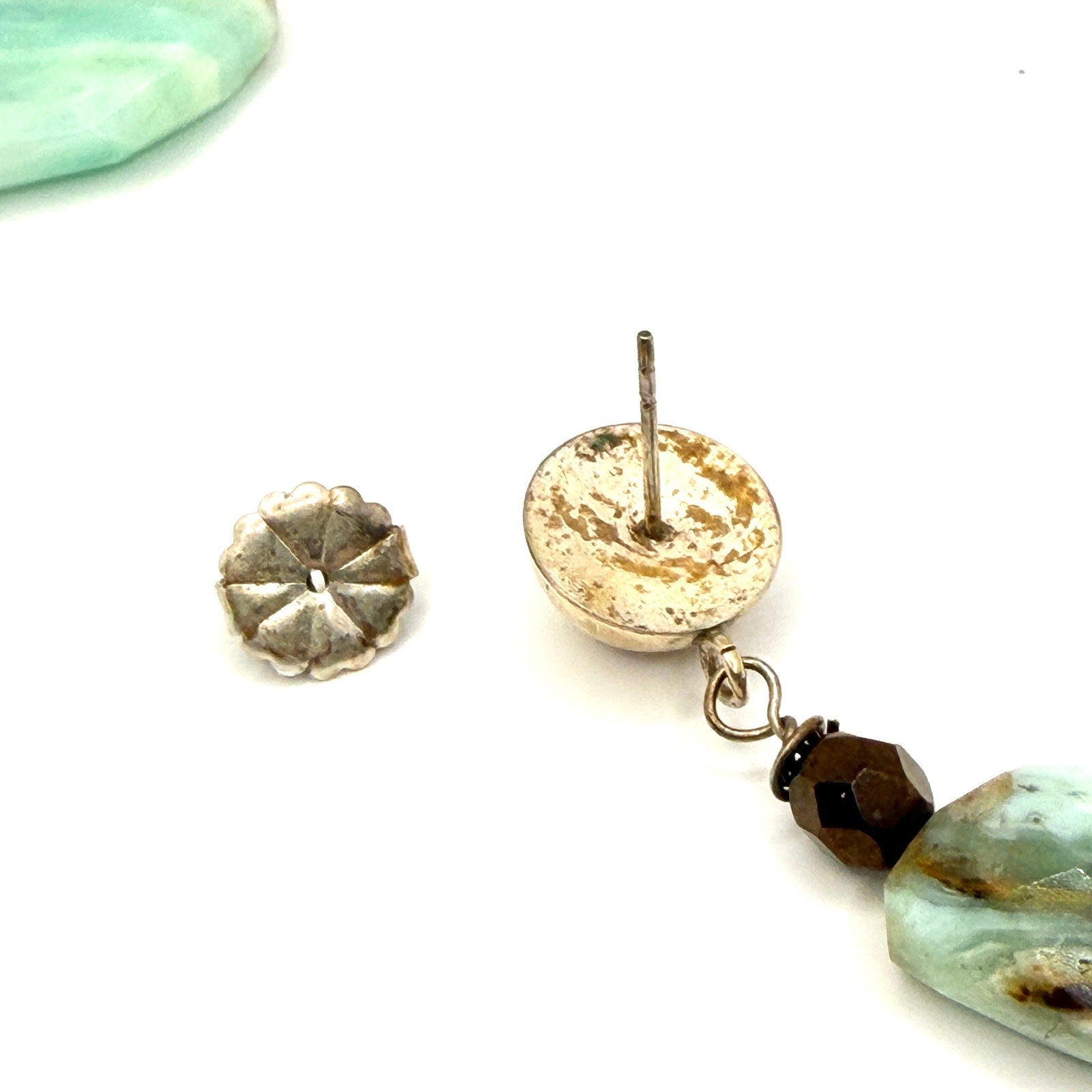 Vintage 90s Blue Green Amazonite Chunk Necklace and Stud Drop Earring Set