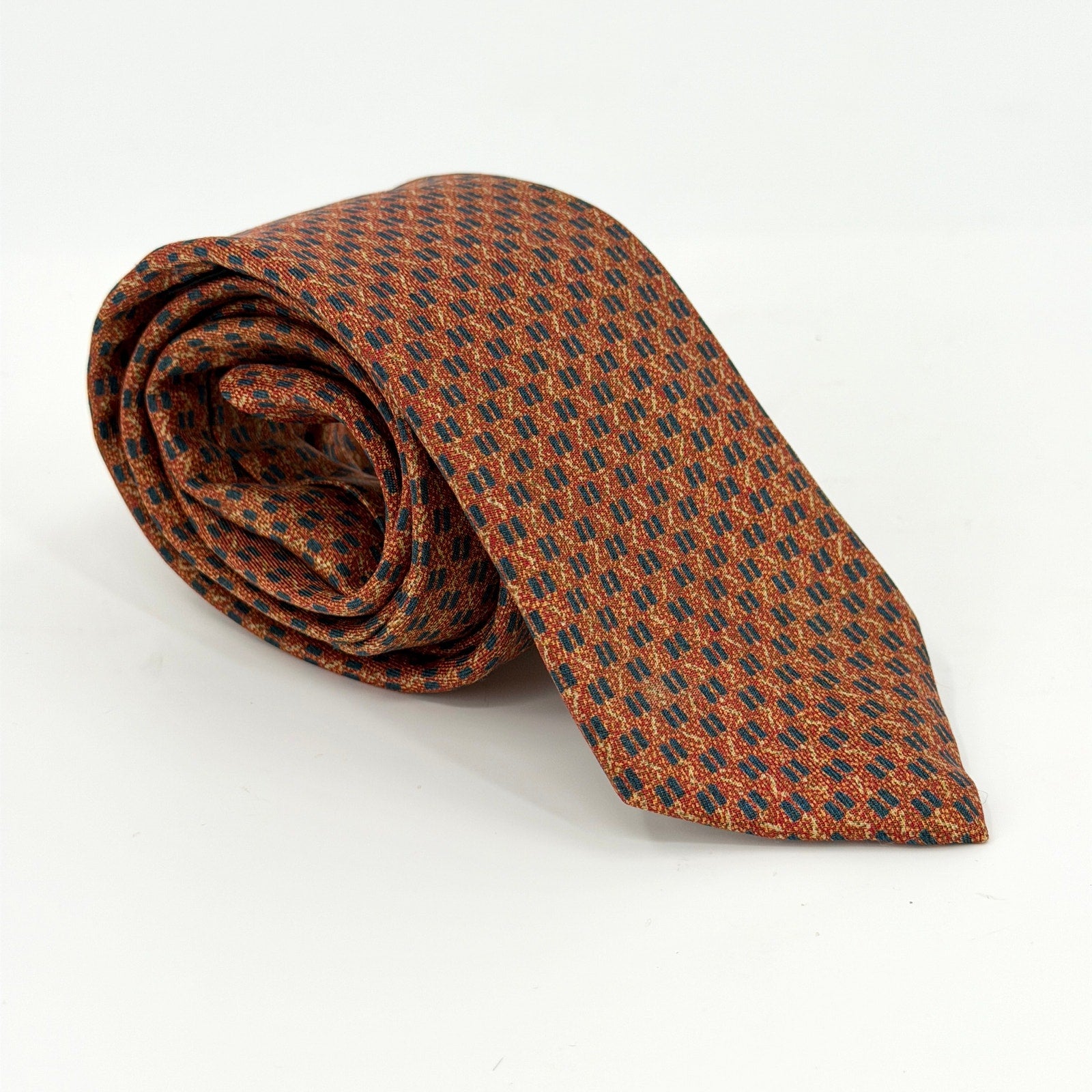 Vintage 90s Pierre Cardin Rust Blue 100% Silk Geometric Dash Pattern Tie