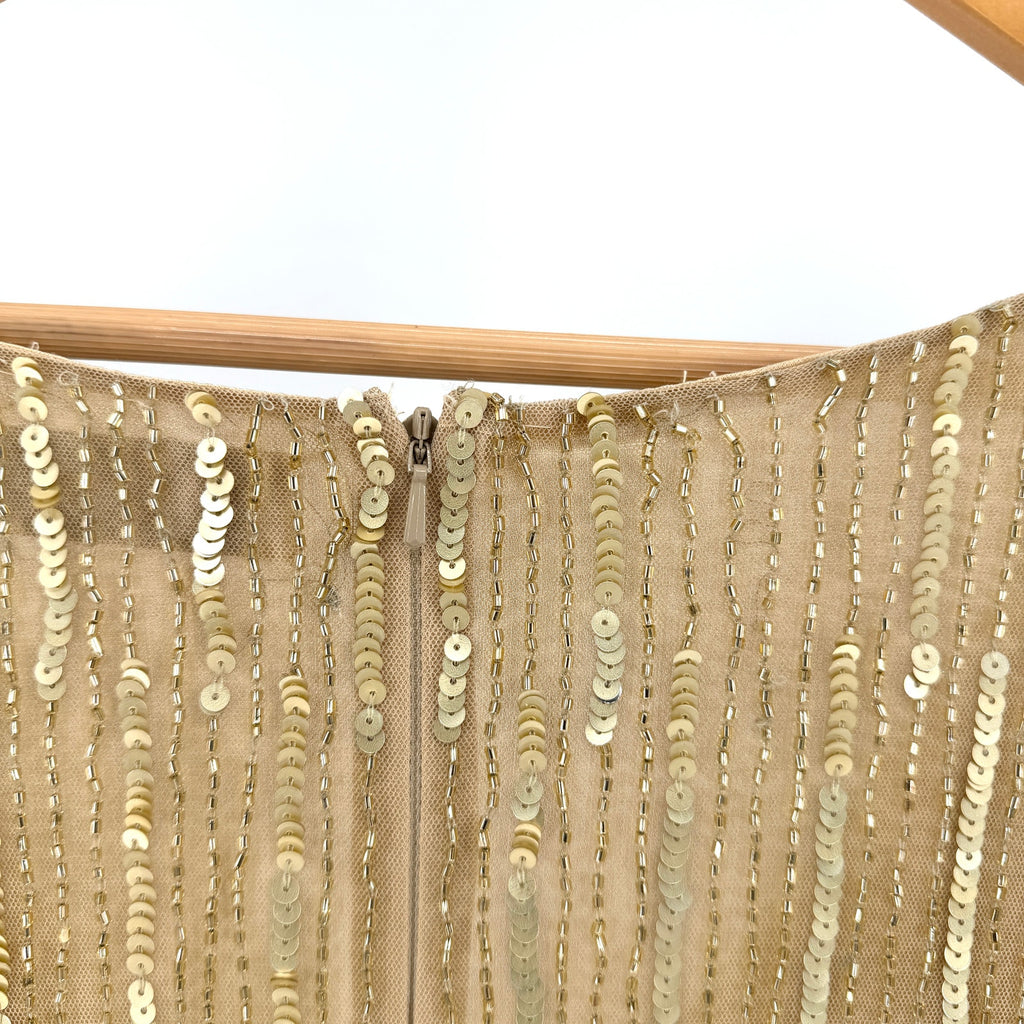 Mac Duggal Gold Beaded Sequin Elegant Long Sleeve V Neck Evening Gown Dress
