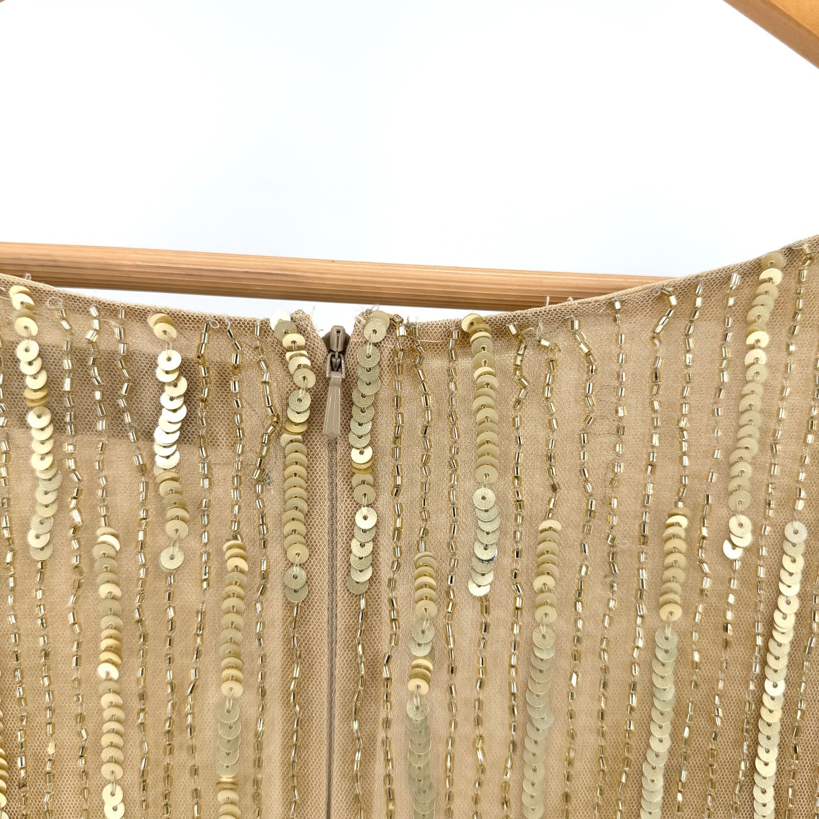 Mac Duggal Gold Beaded Sequin Elegant Long Sleeve V Neck Evening Gown Dress