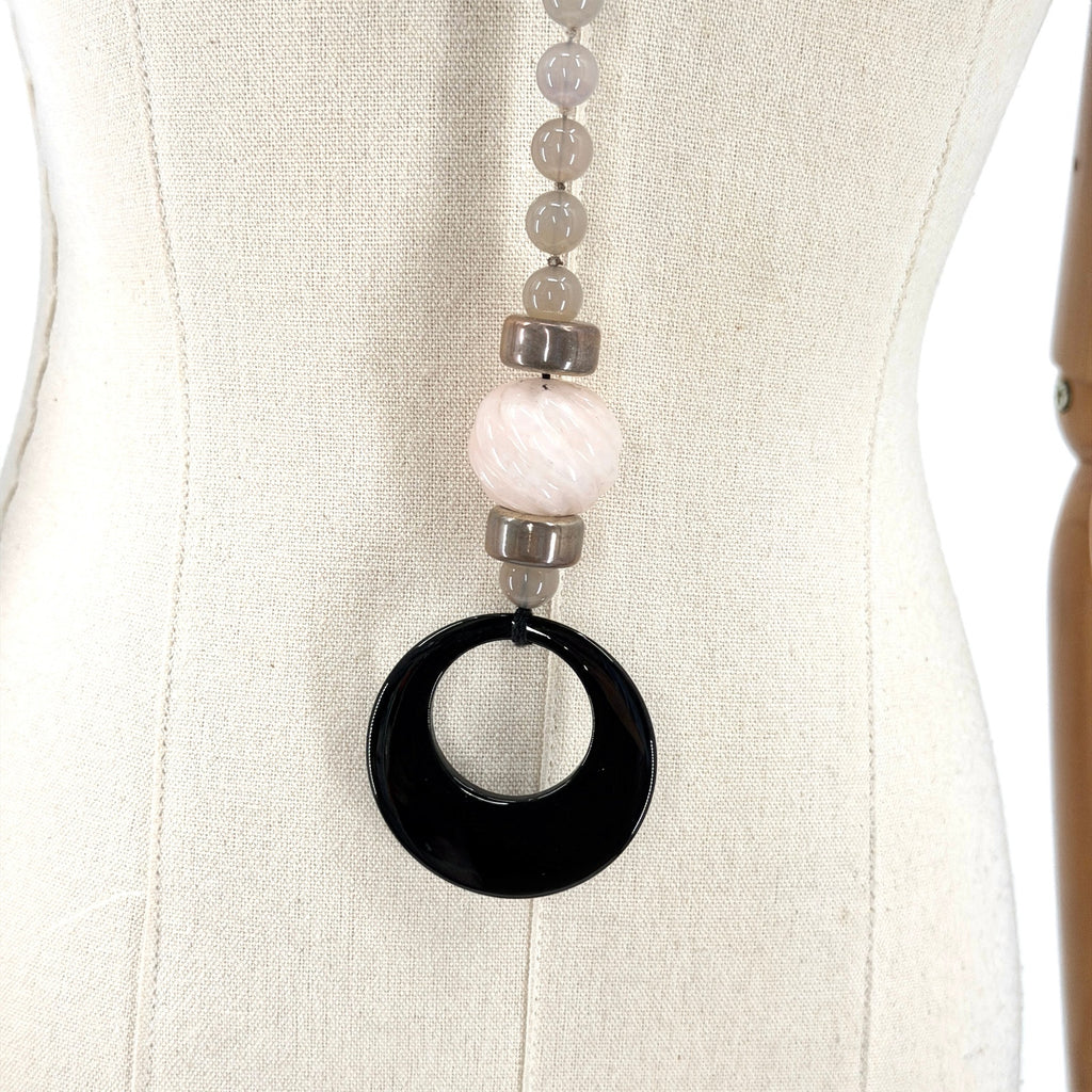 Vintage 90s Rose Quartz Onyx Grey Agate Hand Knotted Lariat Statement Necklace