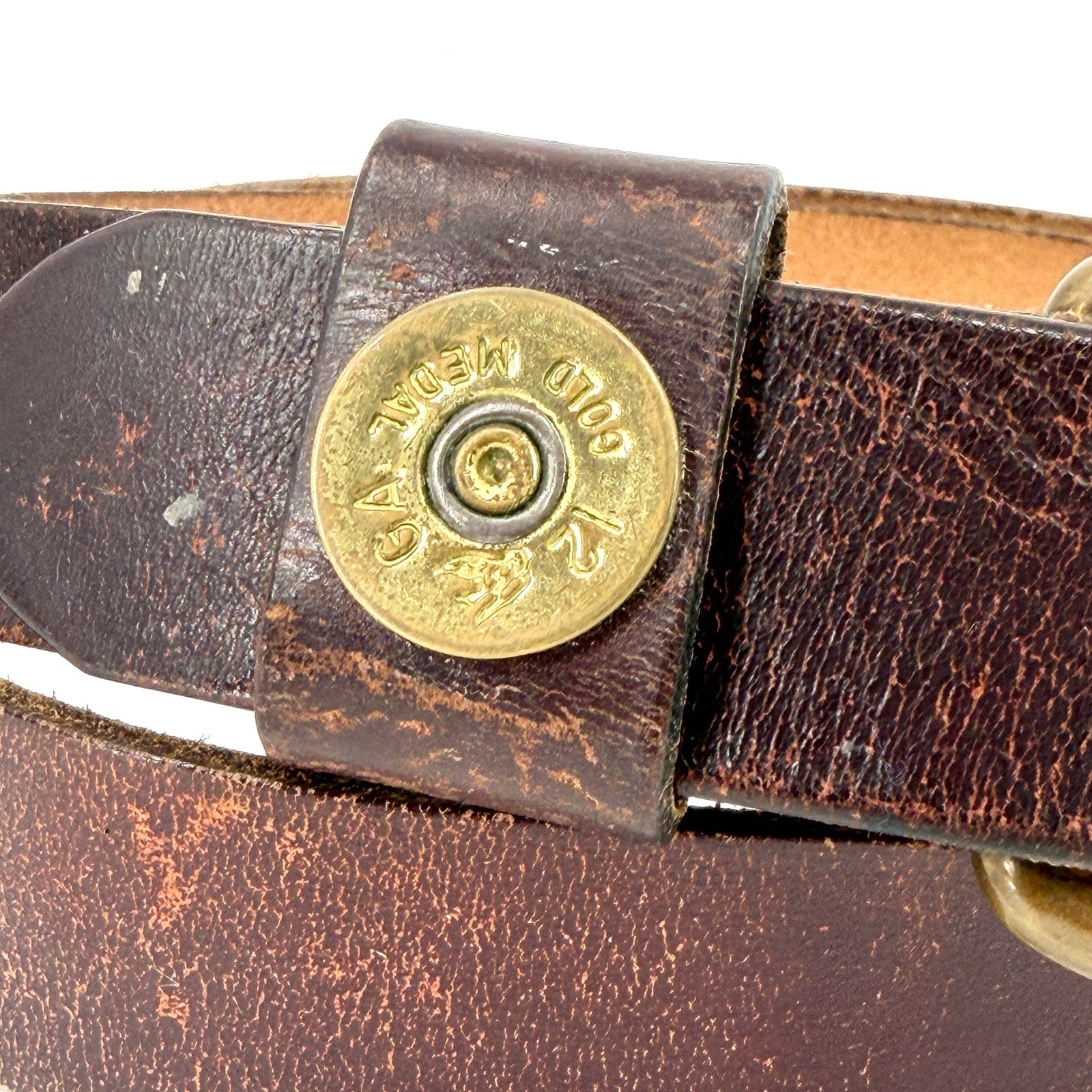 Vintage 90s Rovden Genuine Leather 12 Gauge Shotgun Shell Brass Buckle Belt