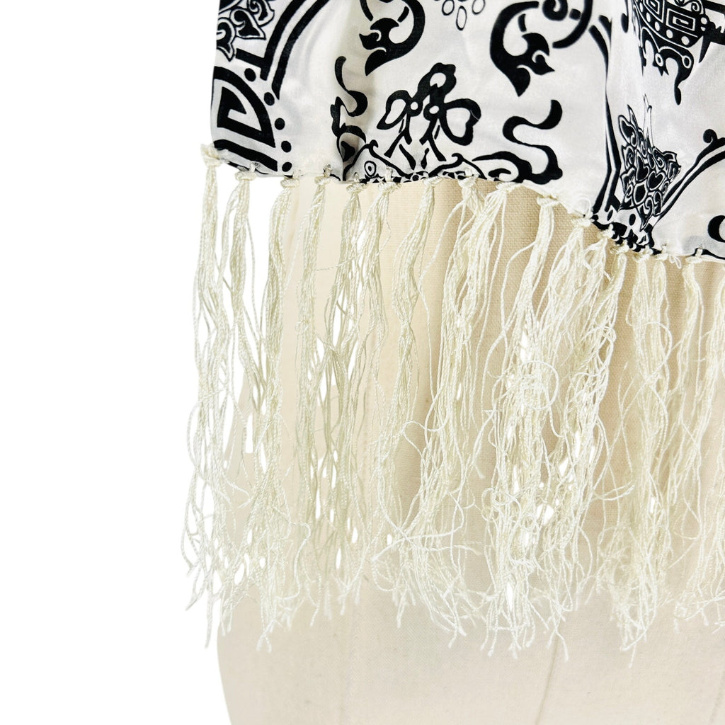 Black White Silk Satin Chinese Asian Motif Tapestry Print Fringe Scarf