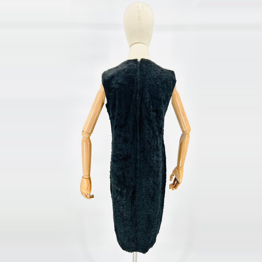 Rare Vintage 80s Handmade Black Faux Fur Sleeveless Midi Mod Retro Dress