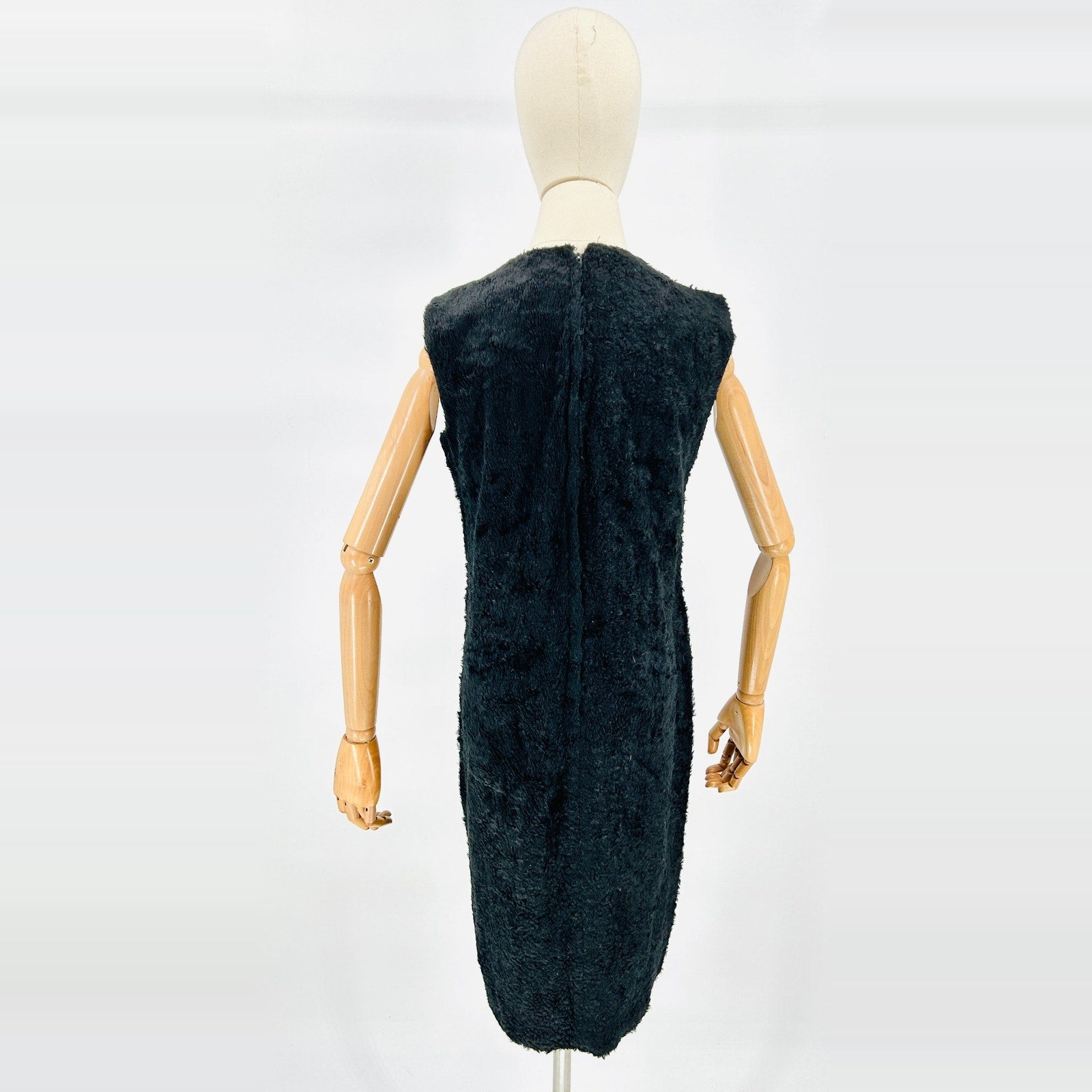 Rare Vintage 80s Handmade Black Faux Fur Sleeveless Midi Mod Retro Dress
