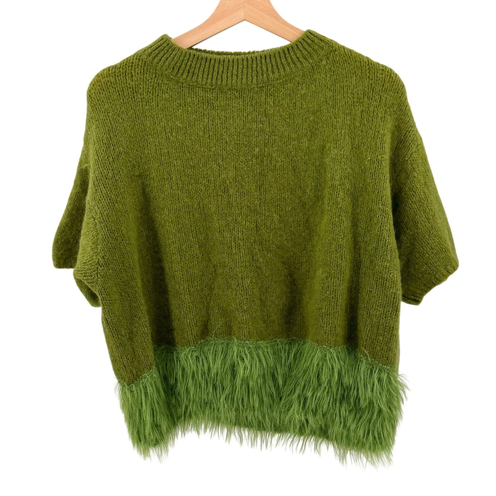 Vintage Italian Green Kid Mohair Wool Shaggy Faux Fur Trim Crop Sweater