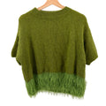 Vintage Italian Green Kid Mohair Wool Shaggy Faux Fur Trim Crop Sweater