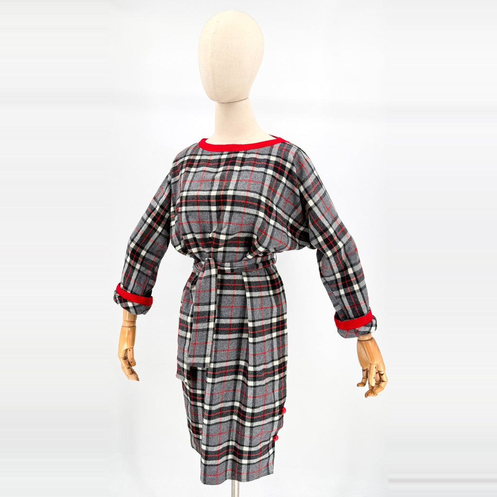 Vintage 60s Gray Red Plaid Dolman Sleeve Belted Midi Dress