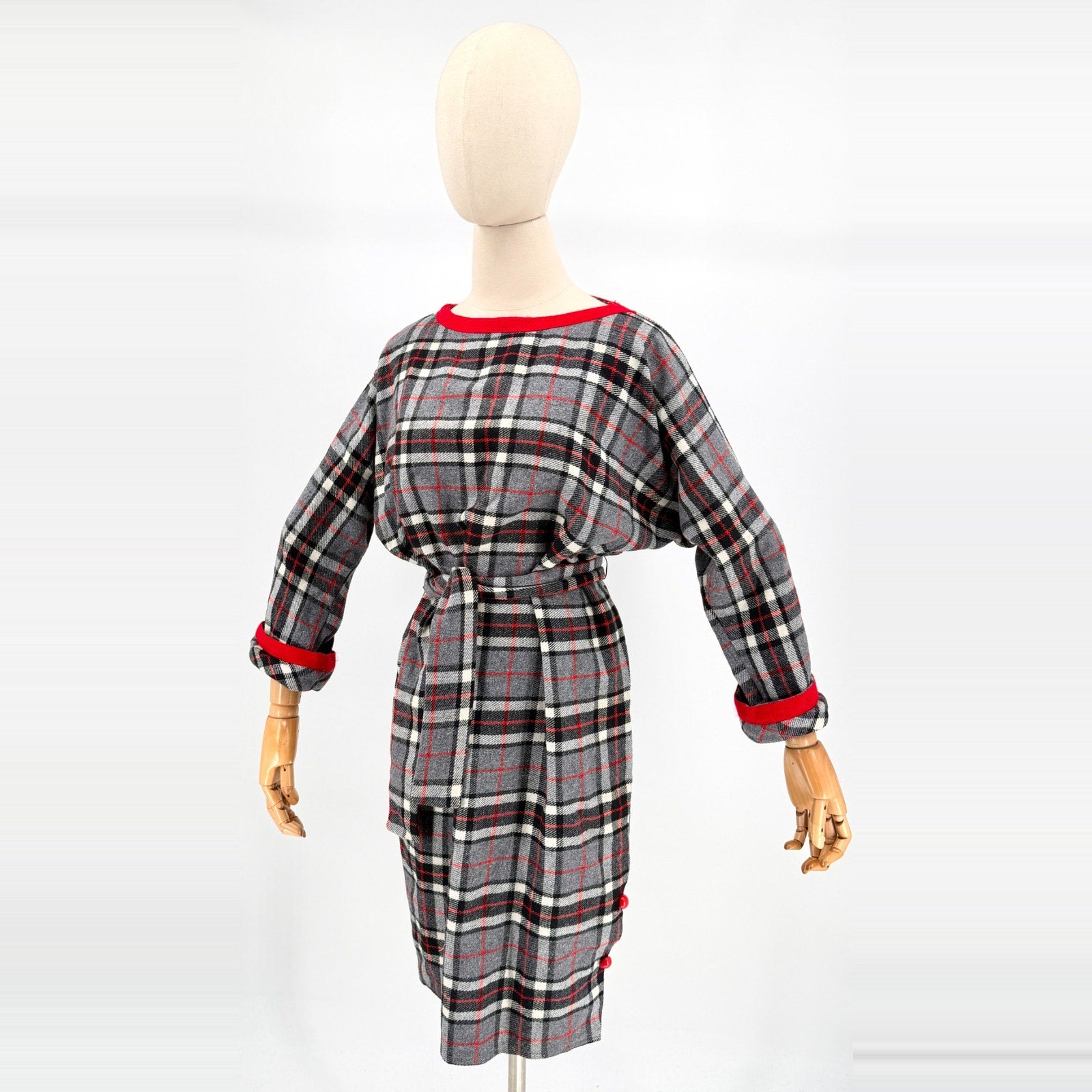 Vintage 60s Gray Red Plaid Dolman Sleeve Belted Midi Dress