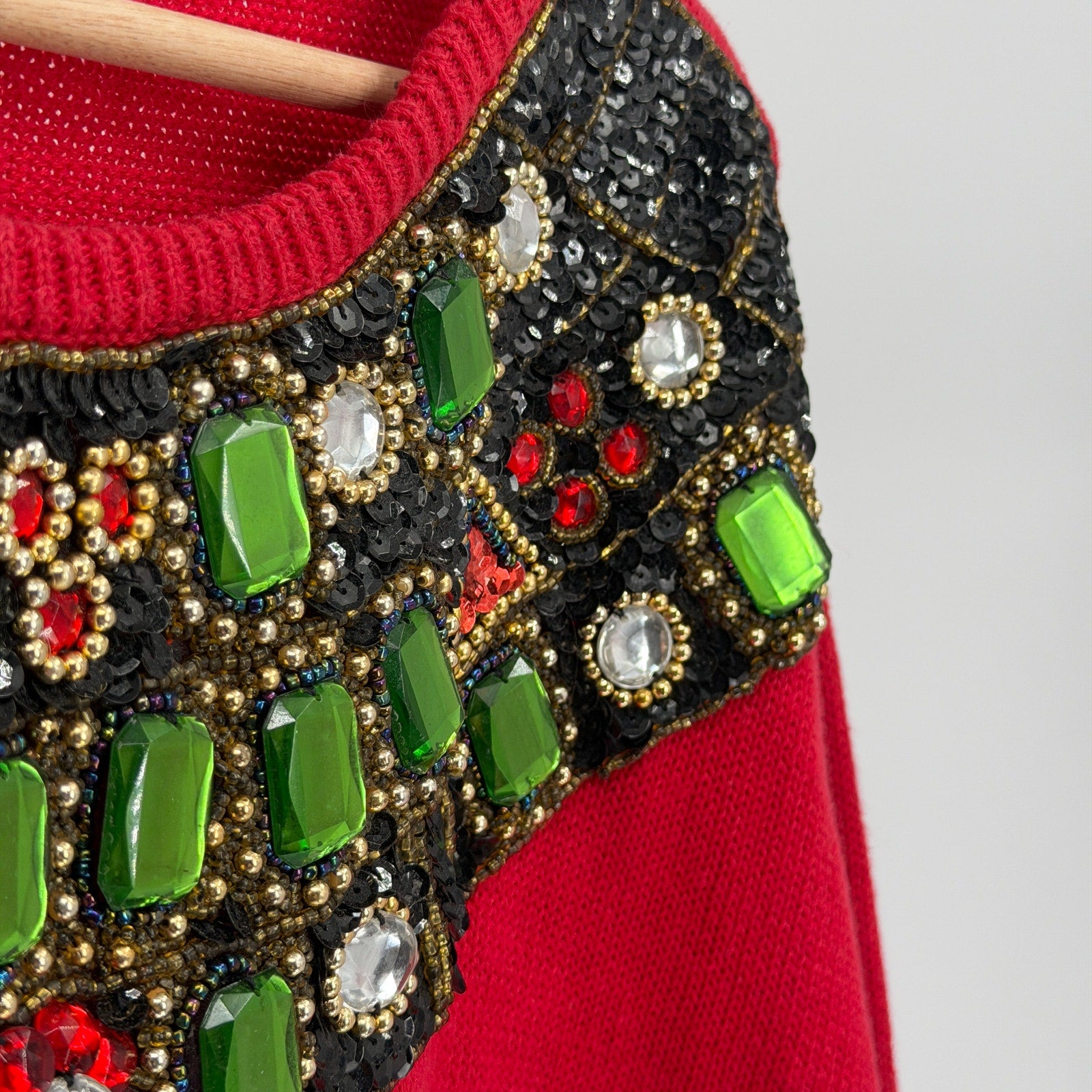 Vintage 90s Victoria Harbor Red Maximalist Jeweled Beaded Collar Sweater