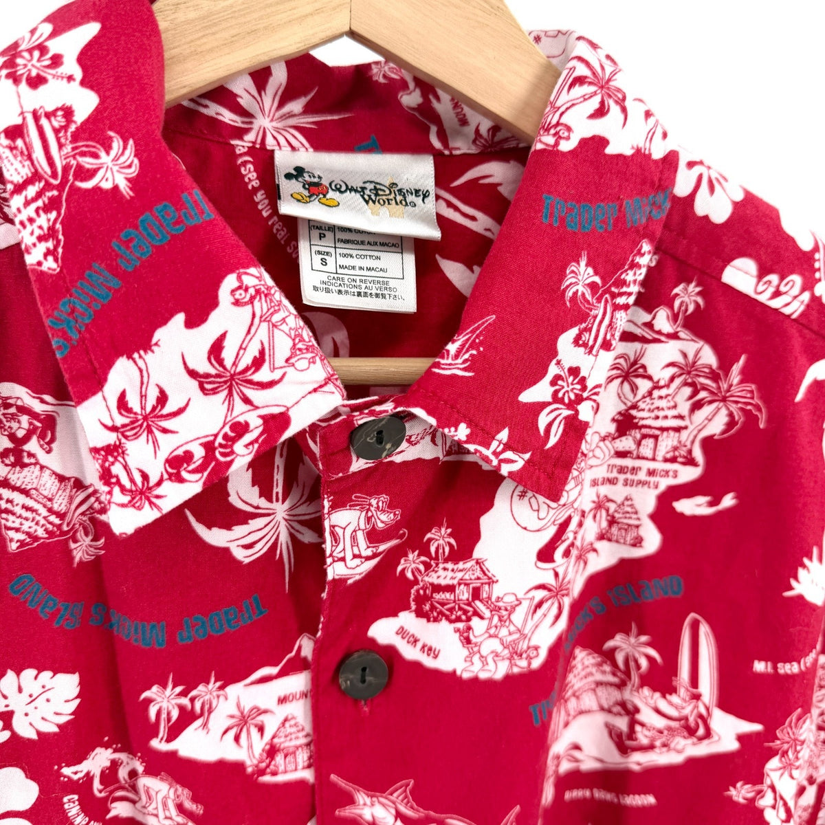 Vintage 90s Walt Disney World Trader Mick's Surf Gear Red Mickey Aloha Shirt