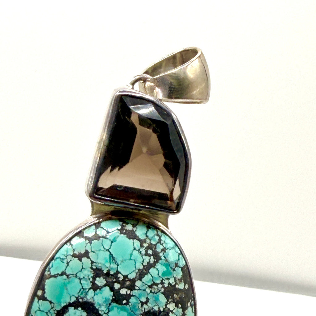 Vintage 90s Sterling Silver Stamped Turquoise Smoky Quartz Statement Pendant