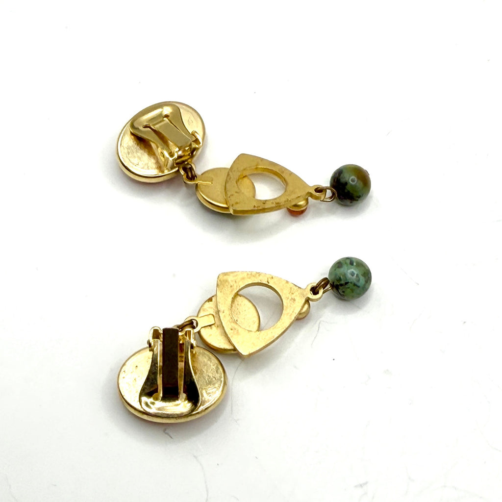 Vintage 80s Gold Orange Green Resin Geometric Dangle Clip On Earrings