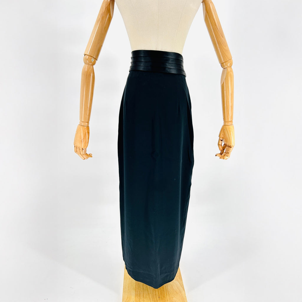 Vintage 80s Blackie Oleg Cassini Black Satin Cummerbund Maxi Skirt