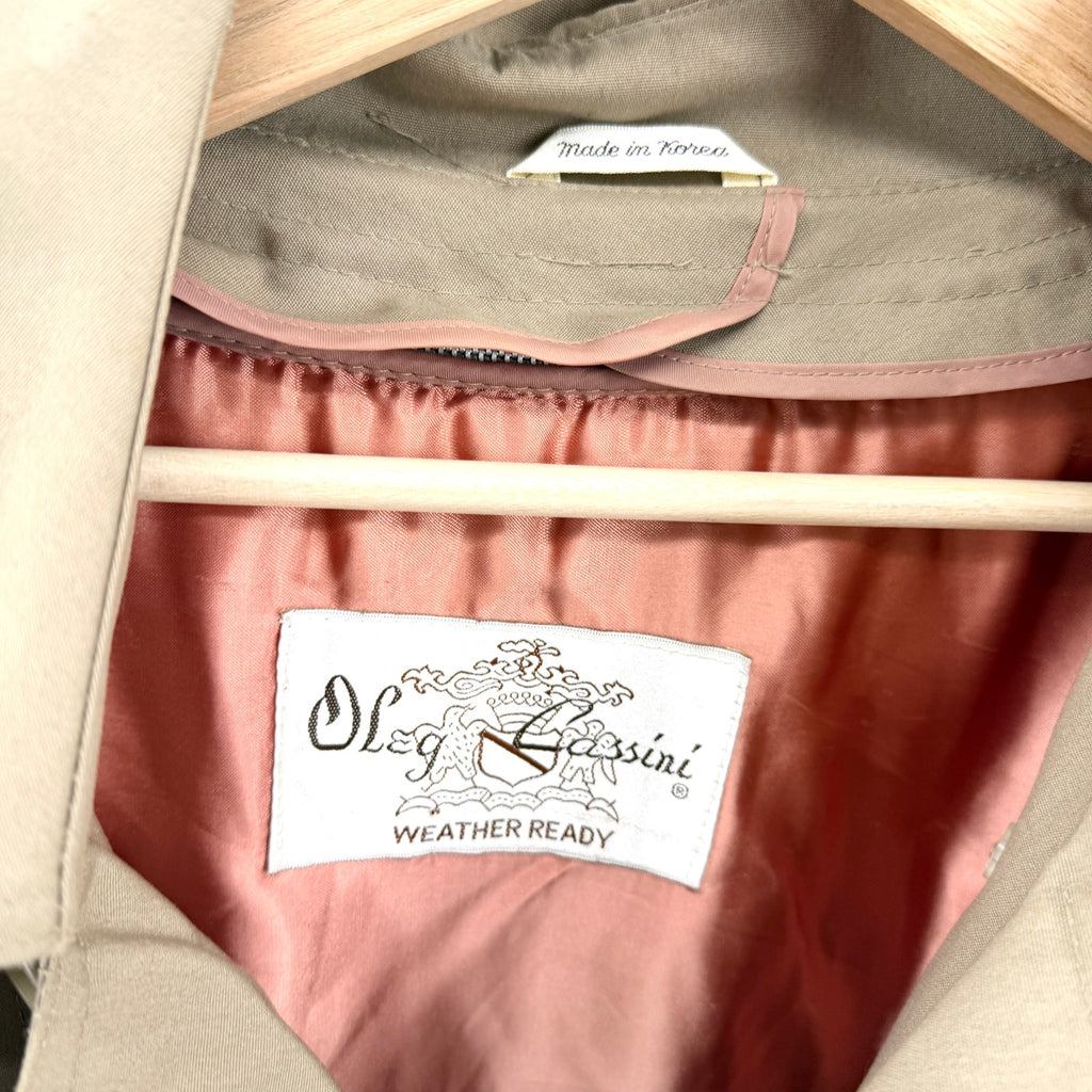 Vintage 80s Oleg Cassini Tan Double Breasted Weather Ready Trenchcoat Jacket