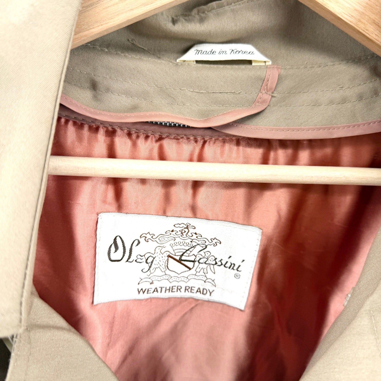 Vintage 80s Oleg Cassini Tan Double Breasted Weather Ready Trenchcoat Jacket