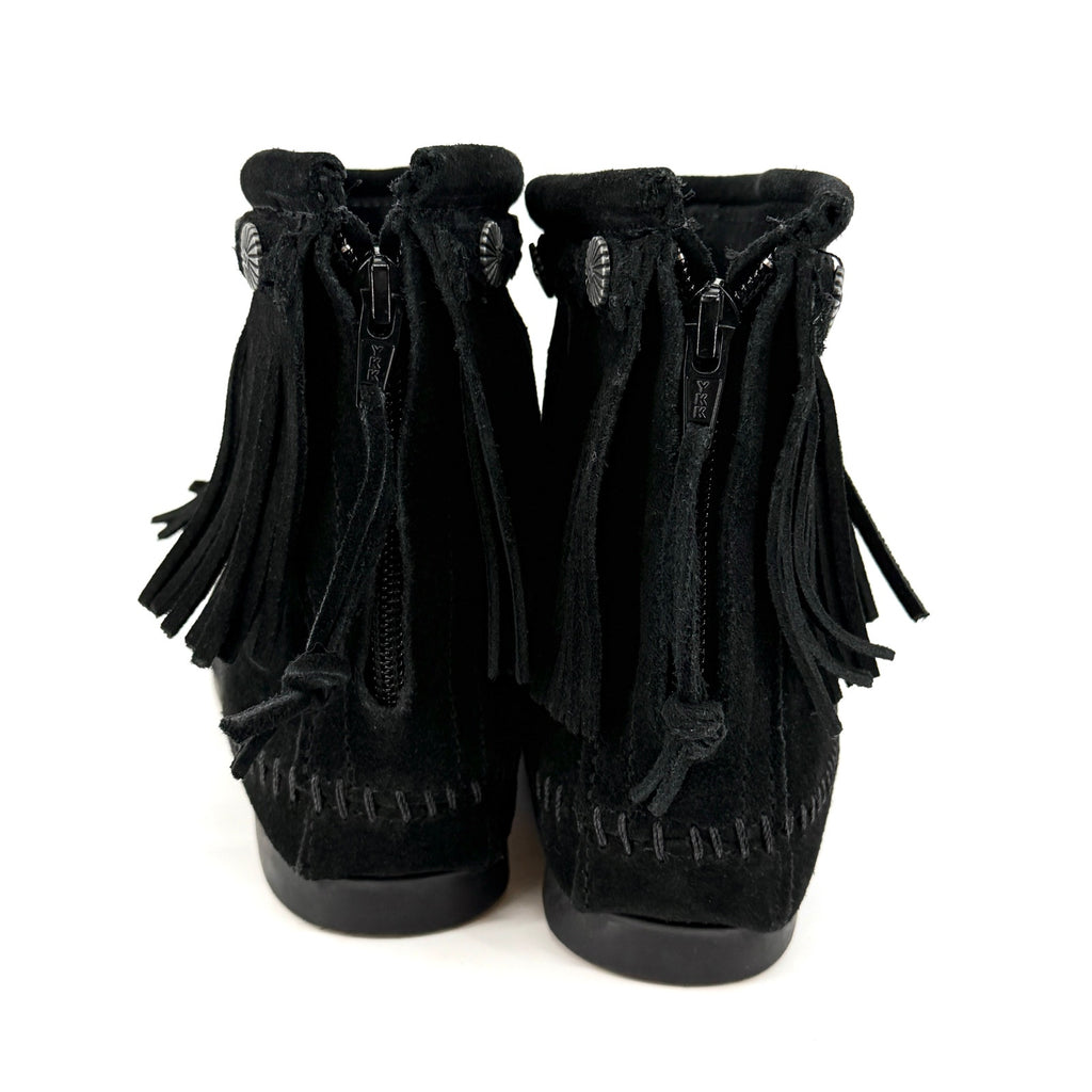 Minnetonka Black Genuine Leather Fringe Back Zip Moccasin Booties