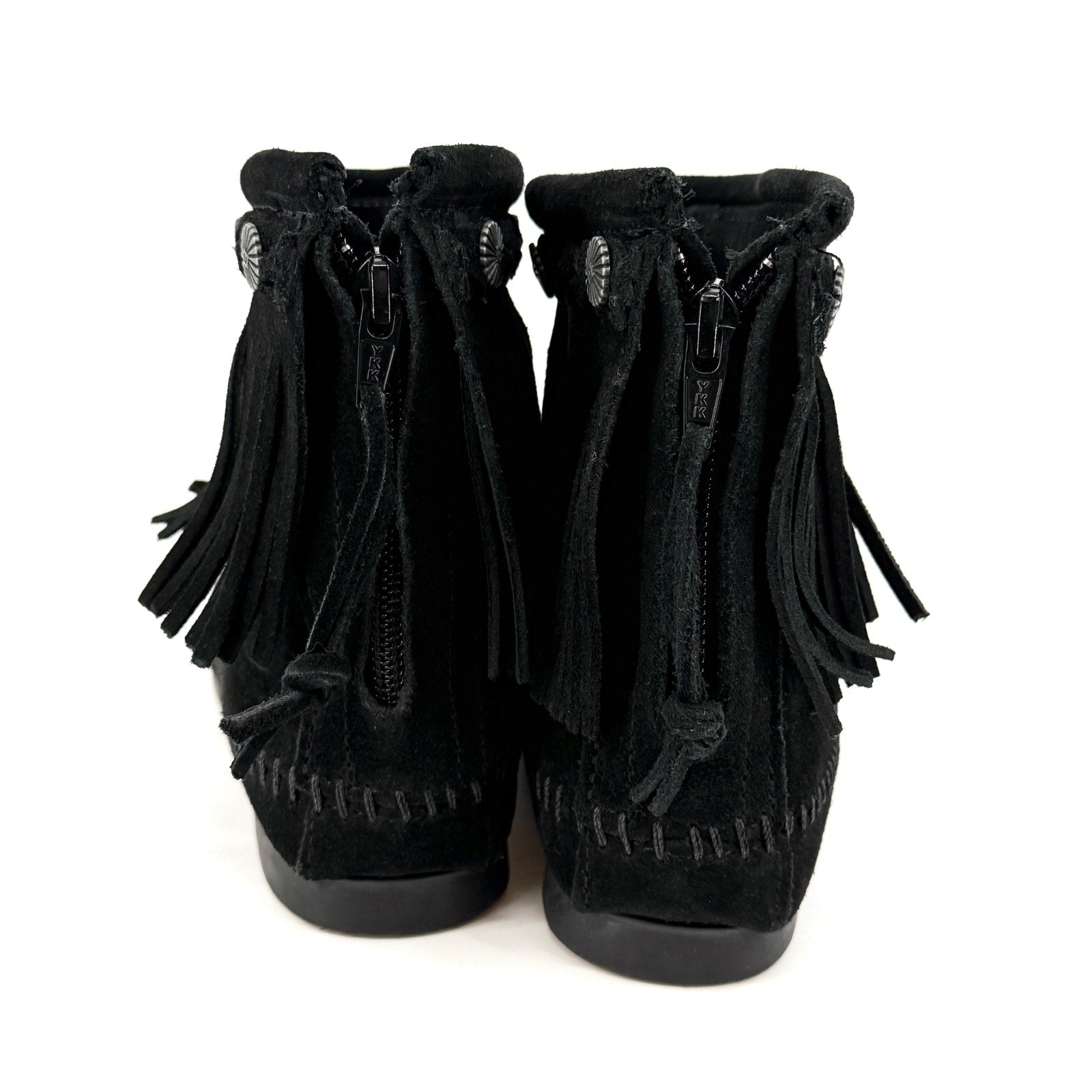 Minnetonka Black Genuine Leather Fringe Back Zip Moccasin Booties