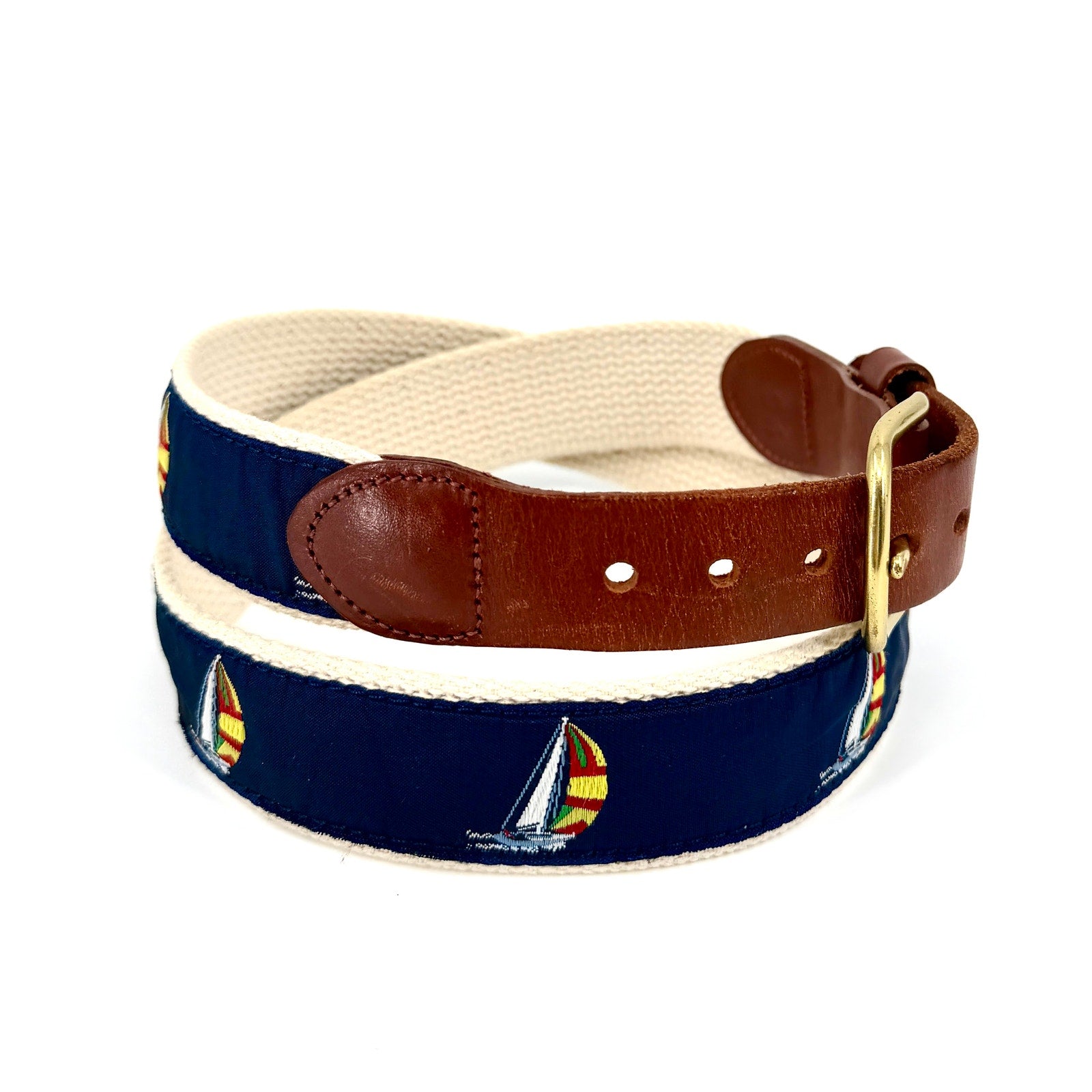 Leather Man Ltd Navy Tan Preppy Sailboat Belt