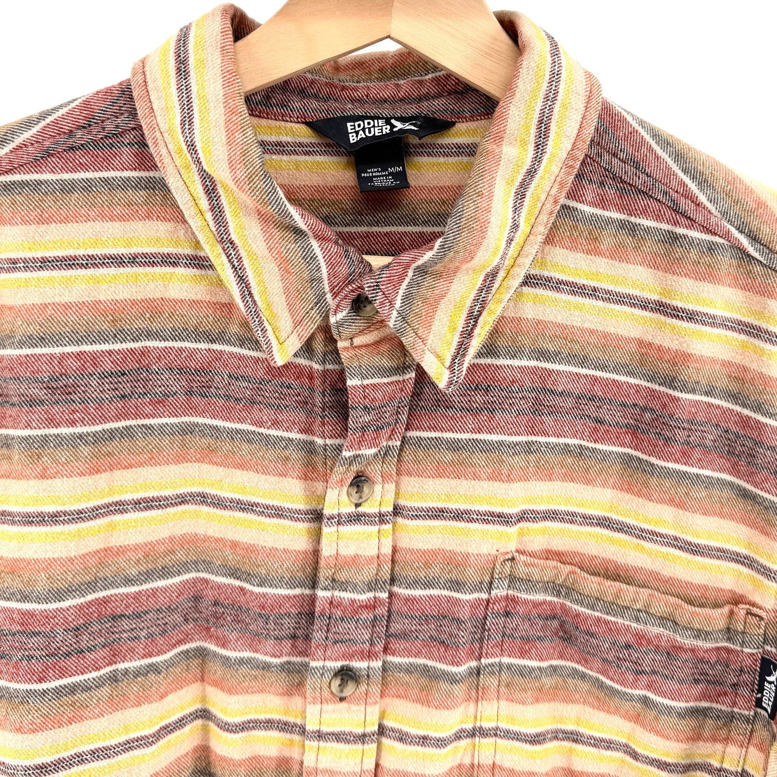 Eddie Bauer Brown Red Yellow Striped 100% Cotton Flannel Workshirt