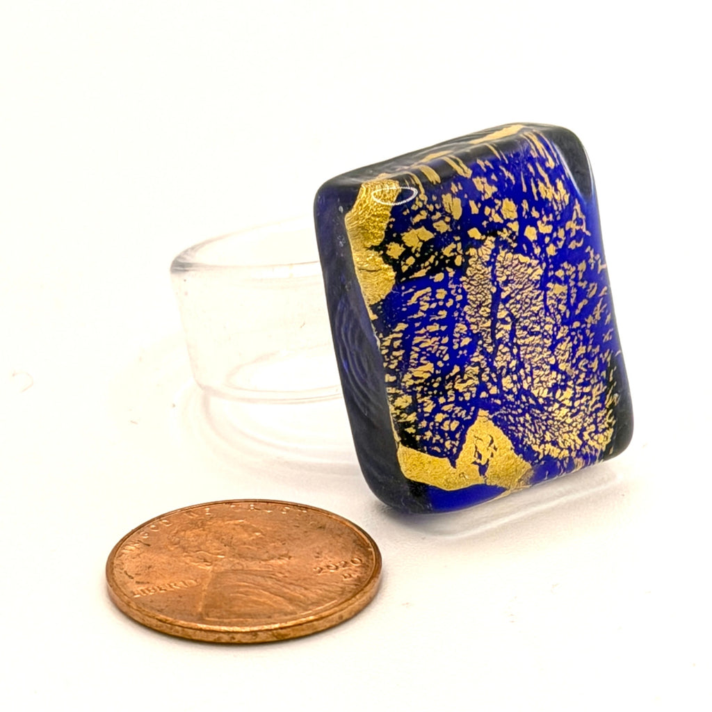 Vintage 90s Handblown Cobalt Blue Gold Foil Abstract Glass Modernist Ring