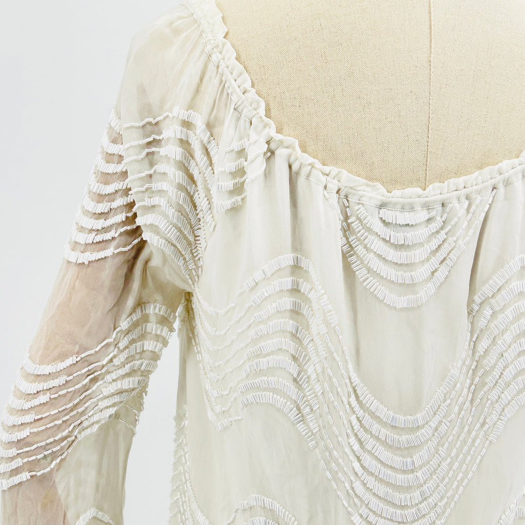 Bo.Bô White 100% Silk Sheer Fully Beaded Satin Lined Boho Tassel Tunic