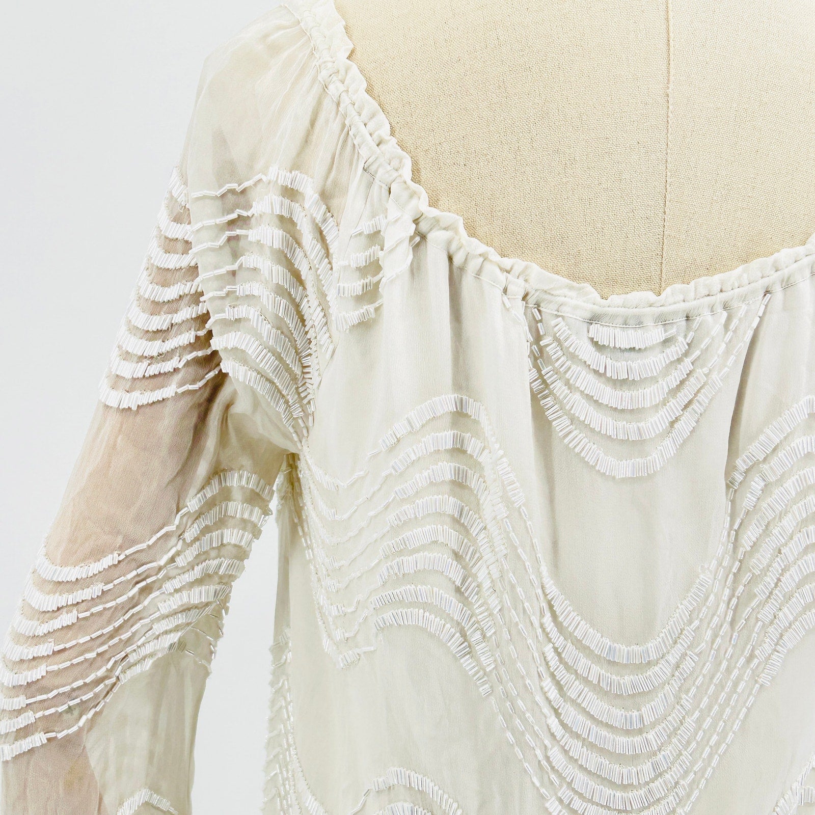 Bo.Bô White 100% Silk Sheer Fully Beaded Satin Lined Boho Tassel Tunic