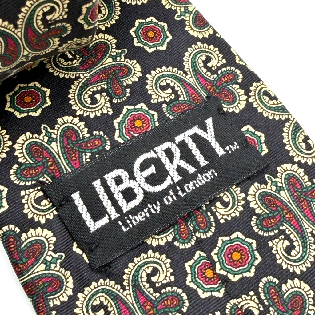 Vintage 90s Liberty of London Black Red Green 100% Silk Paisley Regal Tie