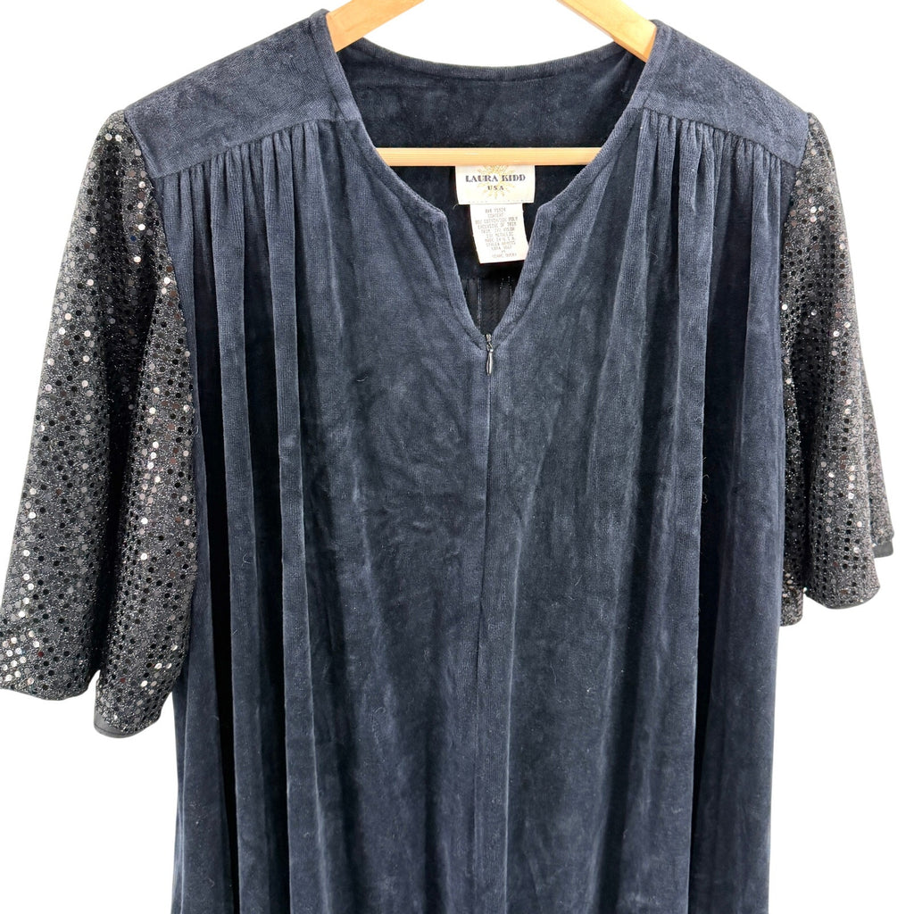 intage 80s Laura Kidd Black Sequin Flutter Sleeve Shoulder Pads Duster Robe