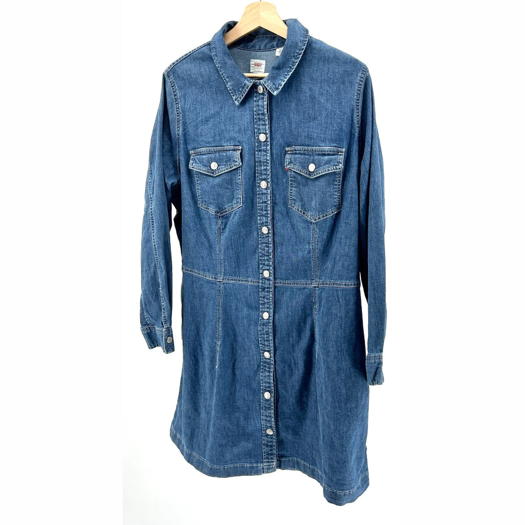 NEW Levi's Blue Denim Chambray Snap Button Western Long Sleeve Shirtdress