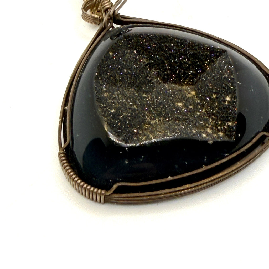 Vintage 90s Black Onyx Druzy Sterling Silver Wire Wrap Trillion Pendant