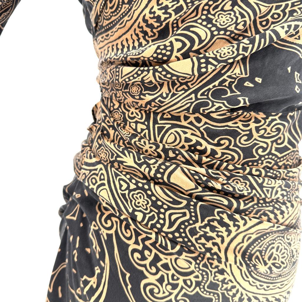 Vintage Y2K Etro Black Copper Silk Stretch Ruched Paisley Sheath Dress