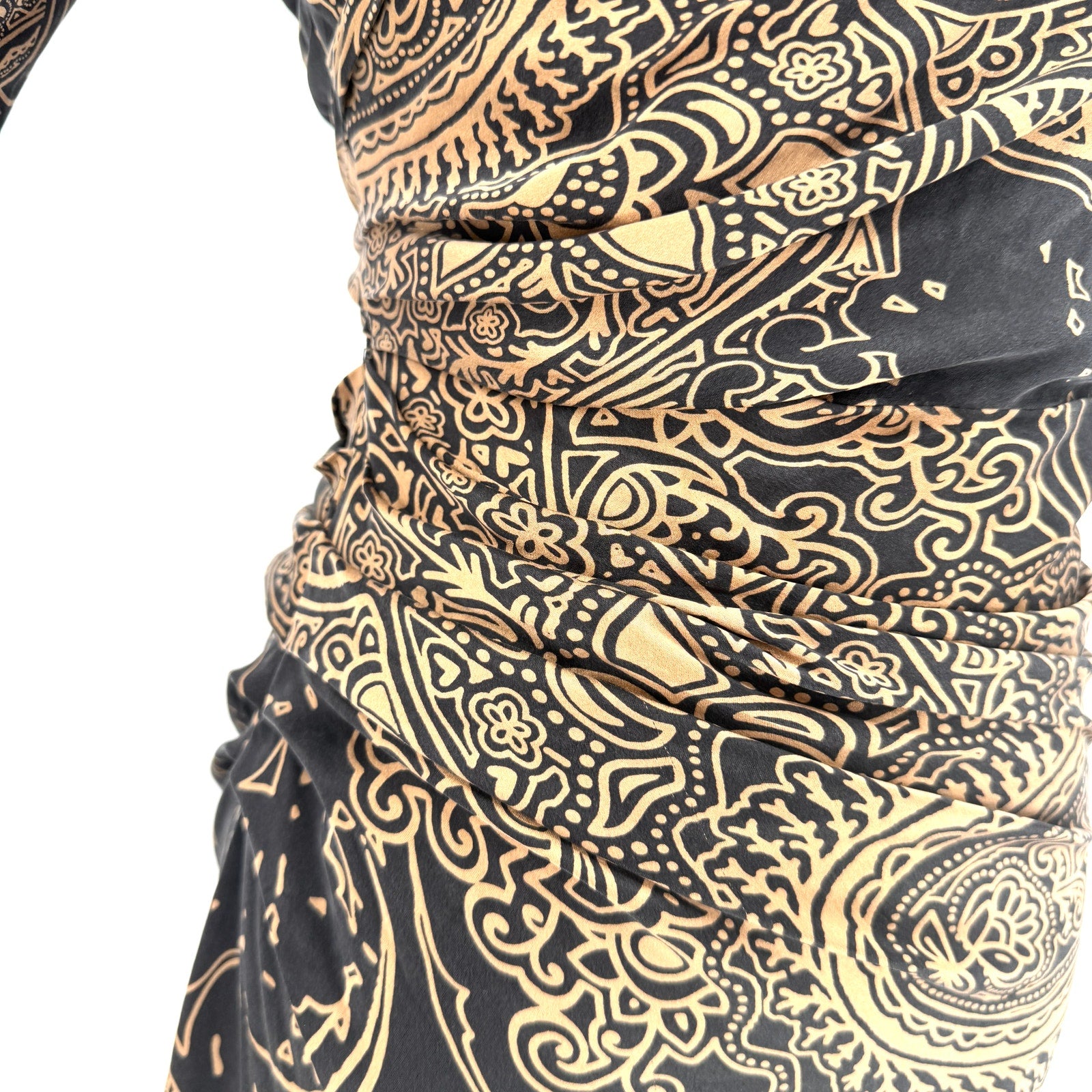 Vintage Y2K Etro Black Copper Silk Stretch Ruched Paisley Sheath Dress