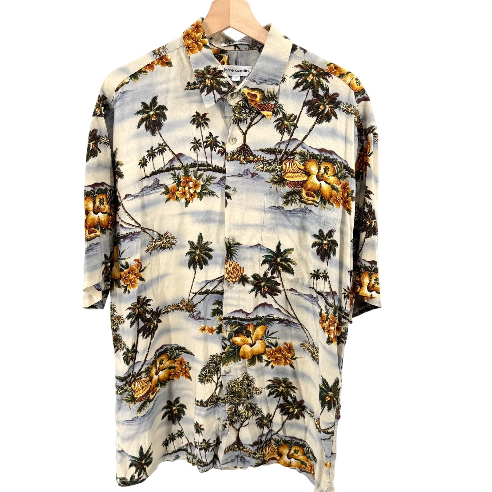Vintage 90s Pierre Cardin Tan Rayon Hawaiian Scenic Shirt