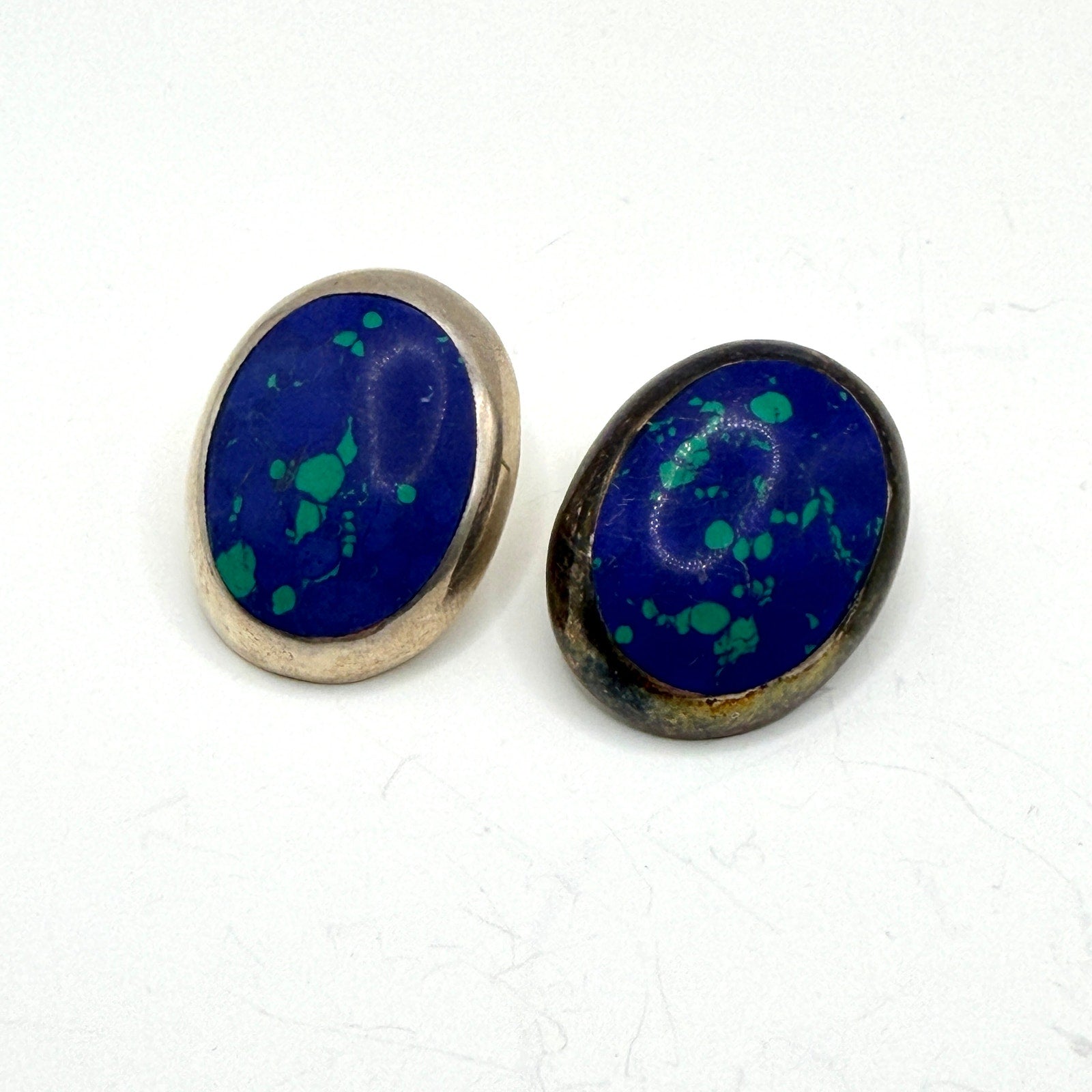 Vintage 90s Stamped Sterling Silver Mexico TF-04 Azurite Malachite Oval Earrings