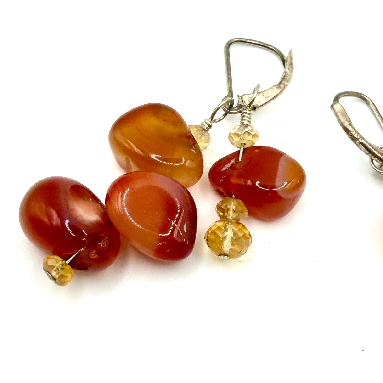 Vintage 90s Carnelian Citrine Nugget Sterling Silver Dangle Earrings