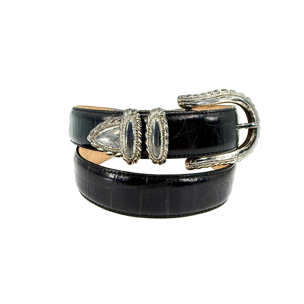Vintage 90s Brighton Black Genuine Leather Croc Embossed Western Belt