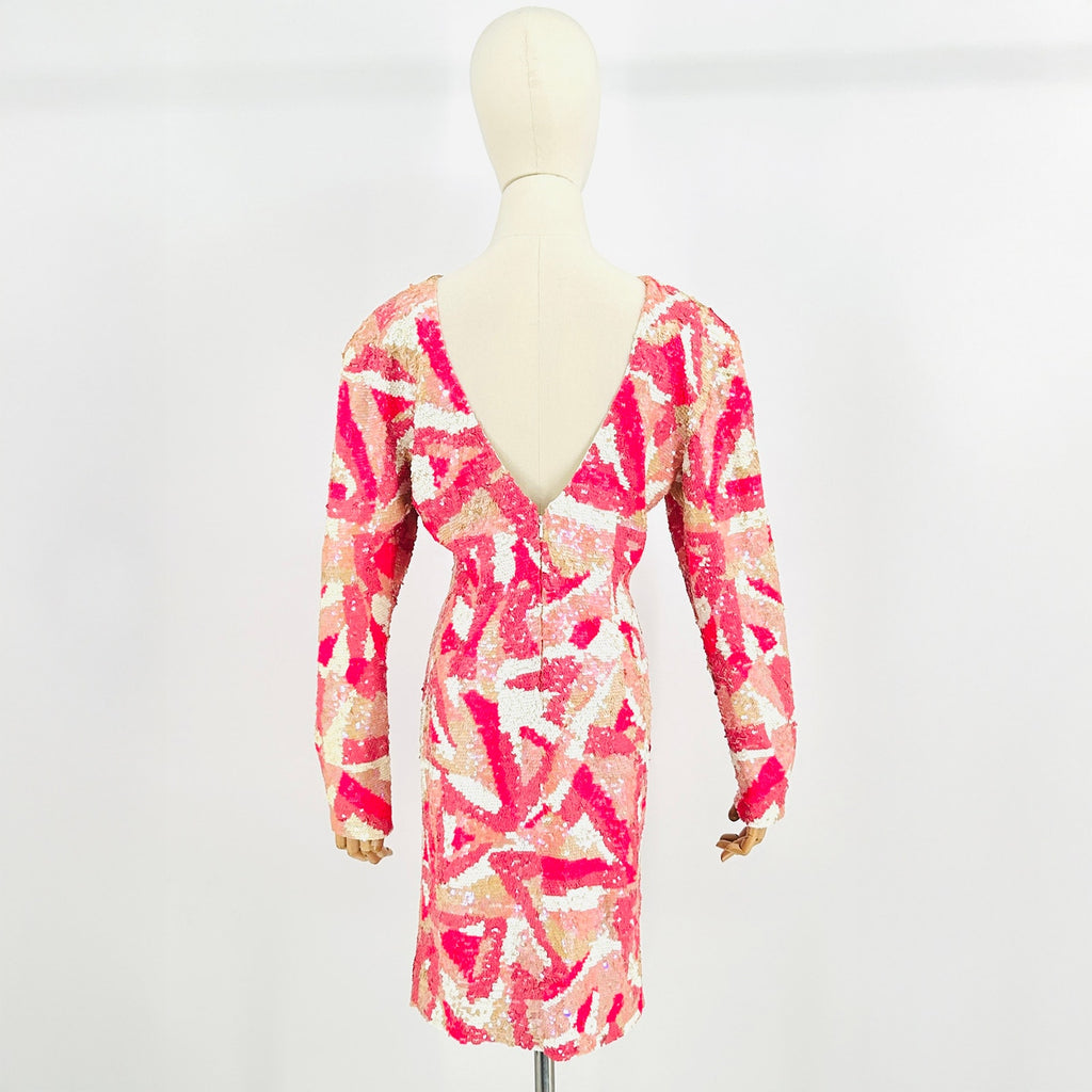 Vintage 80s Lillie Rubin Pink White Geometric Sequin V-Back Mini Dress